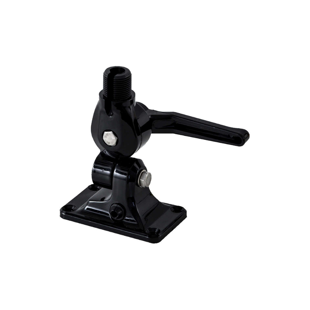 BASE NERA A DOPPIO SNODO IN NYLON RINFORZATO – BLOCCAGGIO A LEVA – FORO PER CAVO – FILETTATURA STANDARD 1”X14 glomex BASE NERA A DOPPIO SNODO IN NYLON RINFORZATO – BLOCCAGGIO A LEVA – FORO PER CAVO – FILETTATURA STANDARD 1”X14 glomex