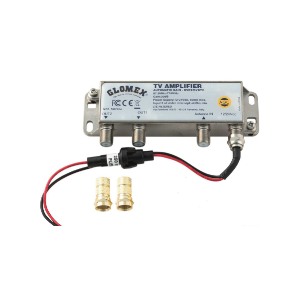 Splitter a 2 uscite TV:TV or TV:FM per antenne TV DVB-T2 Glomex V9147
