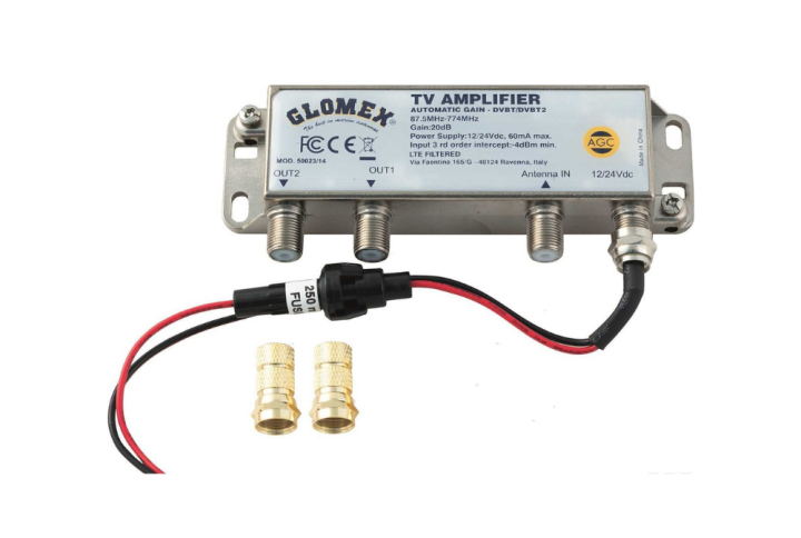 Splitter a 2 uscite TV:TV or TV:FM per antenne TV DVB-T2 Glomex V9147